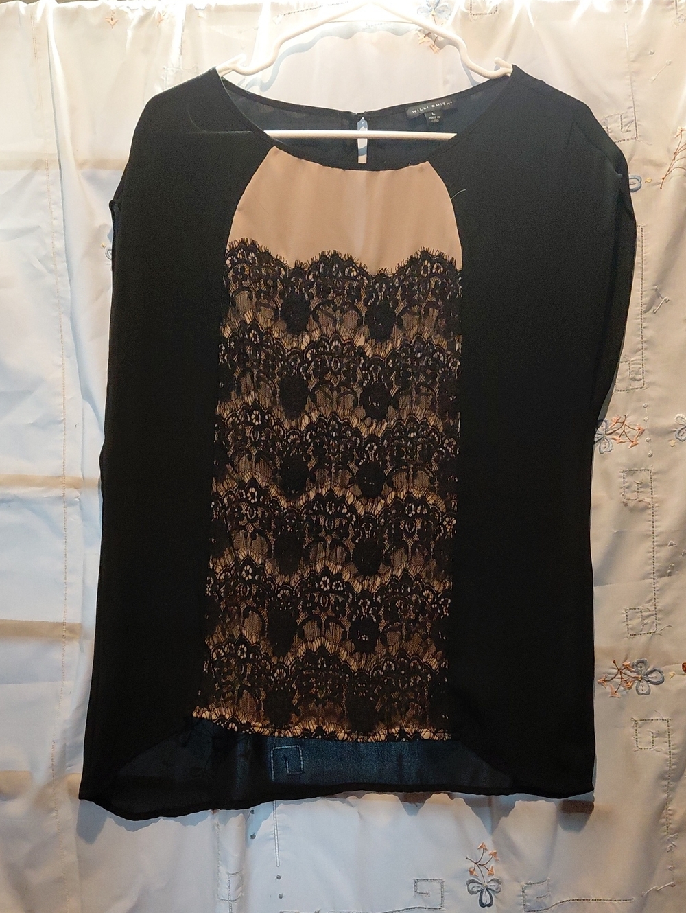Willi Smith Black Blouse with Tan Lace Front Panel